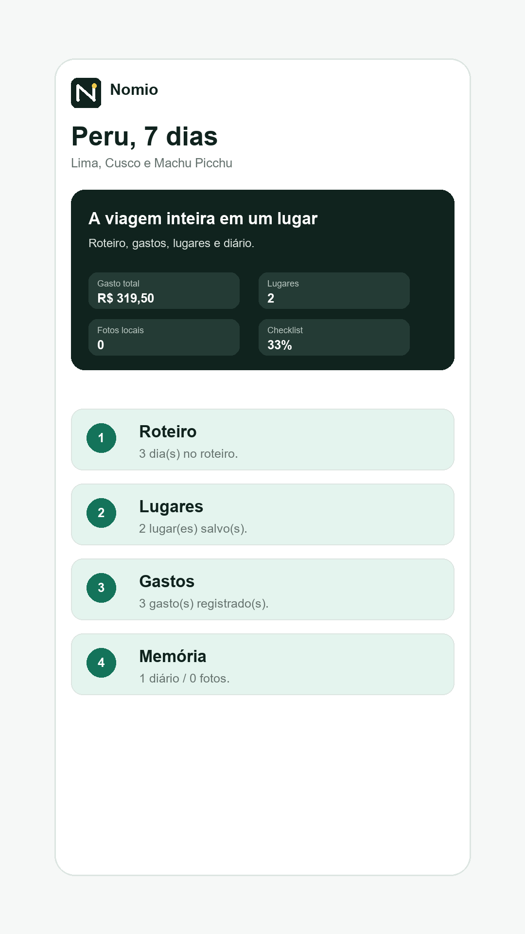 Visão geral no app Nomio