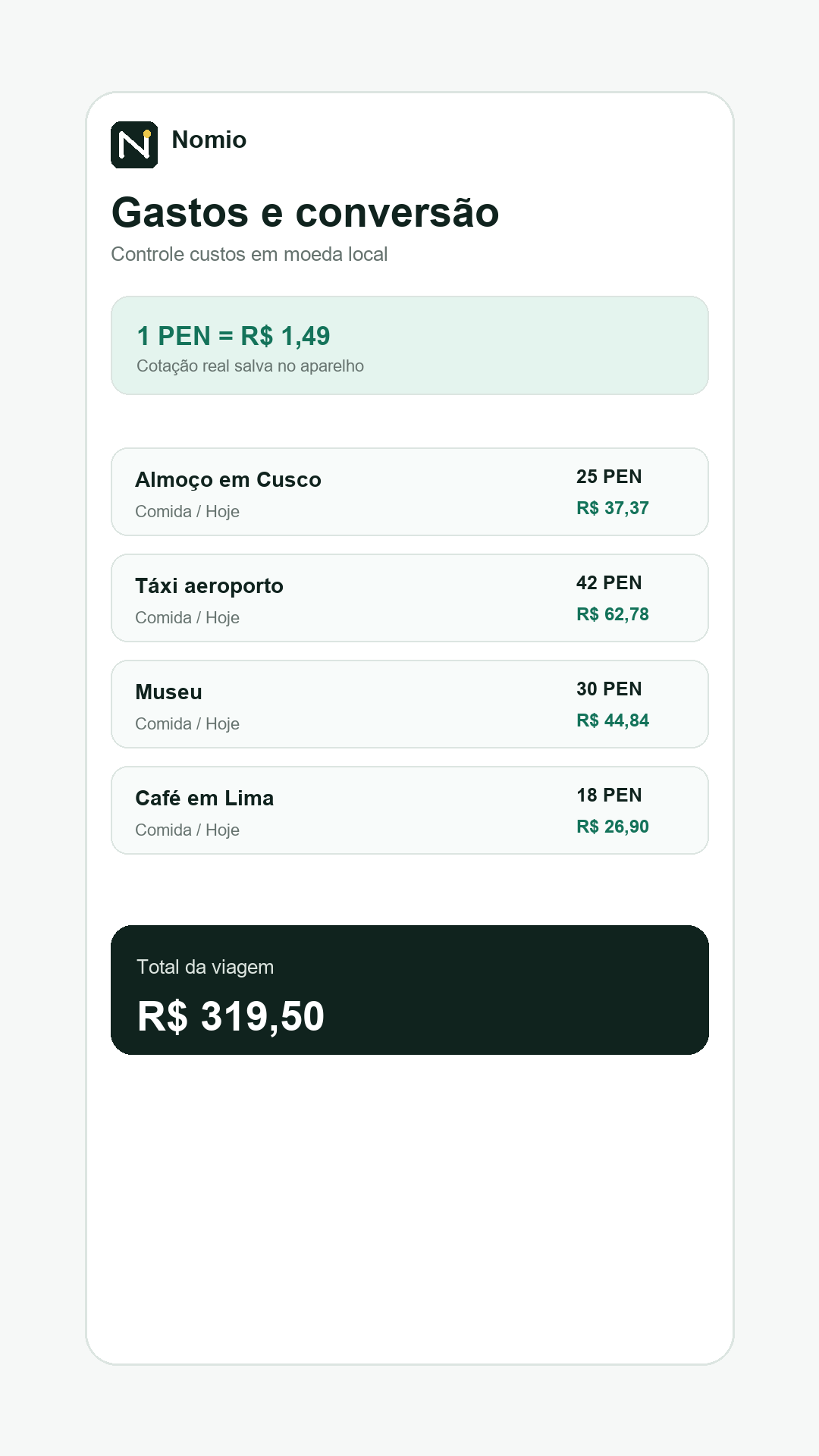 Gastos no app Nomio