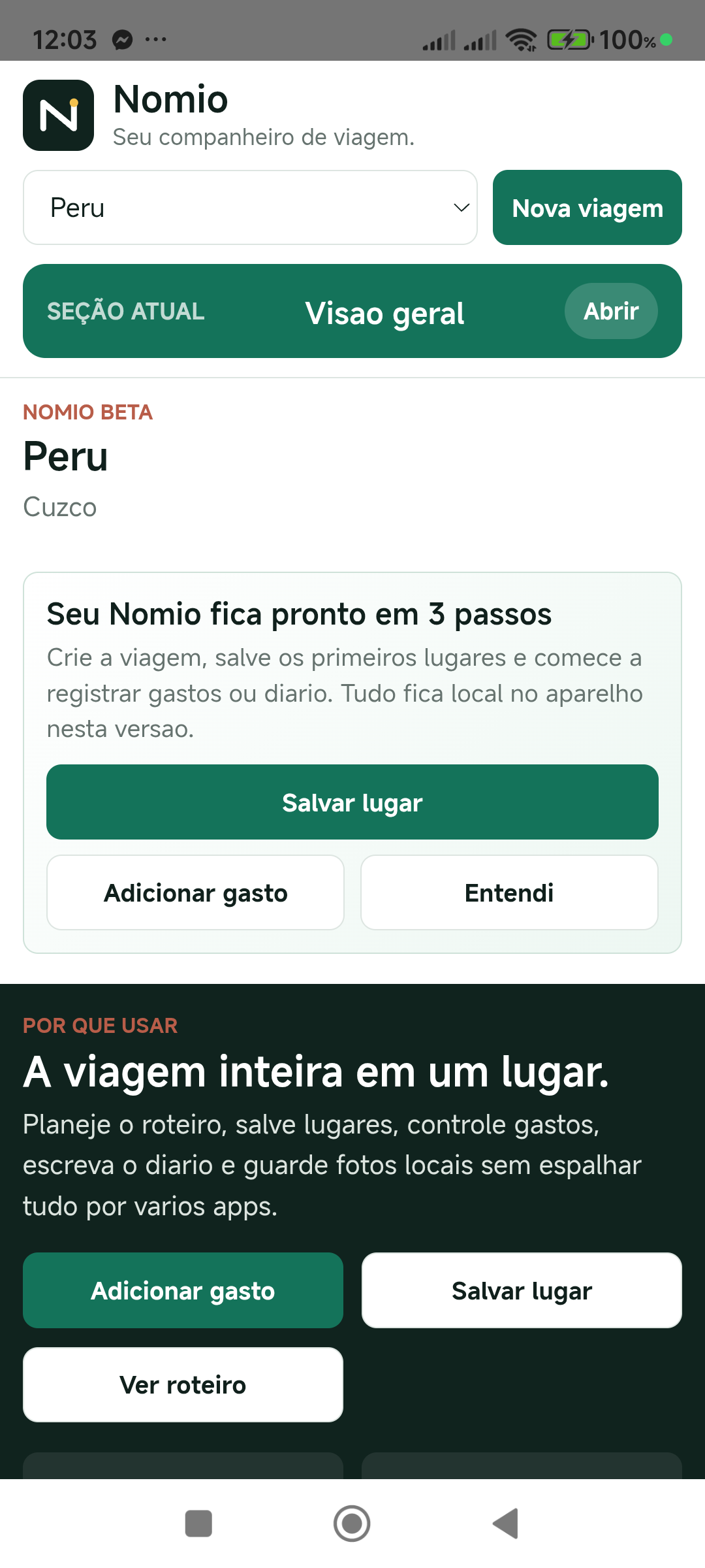 Print real da tela inicial do app Nomio no Android